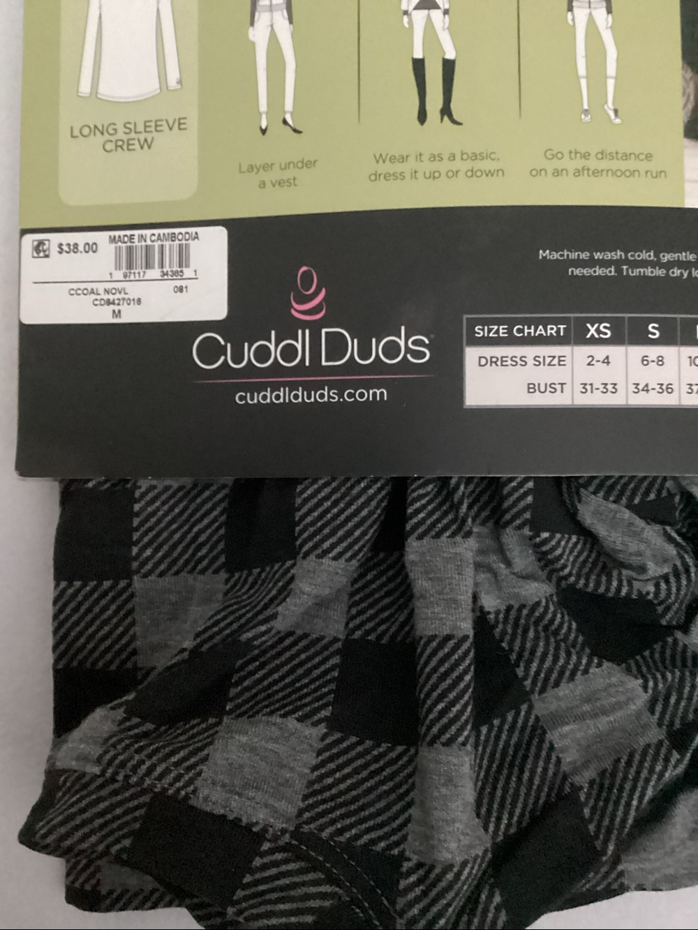 Cuddl Duds Softwear with Stretch Long Sleeve Crew - Plaid Black & Charcoal - Picture 5 of 5
